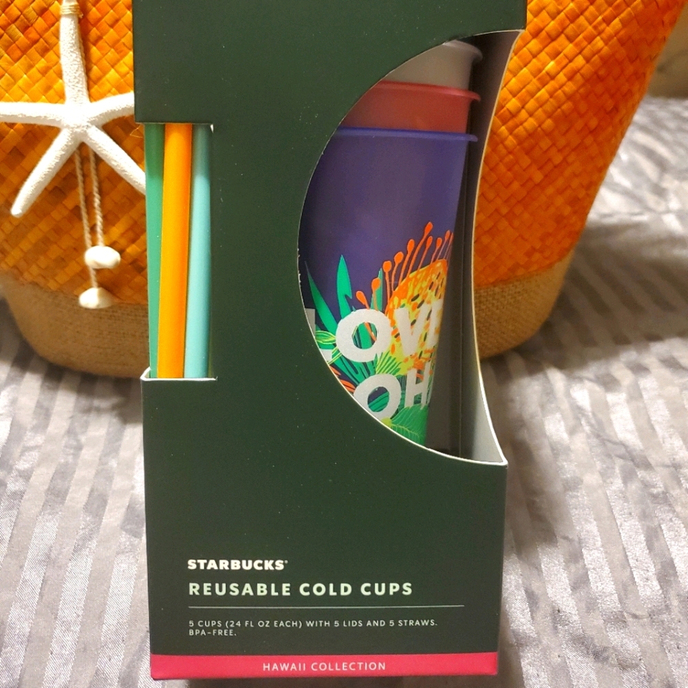 NEW IN BOX STARBUCKS ONLY IN HAWAII COLLECTION 5 REUSABLE COLD CUPS 24OZ